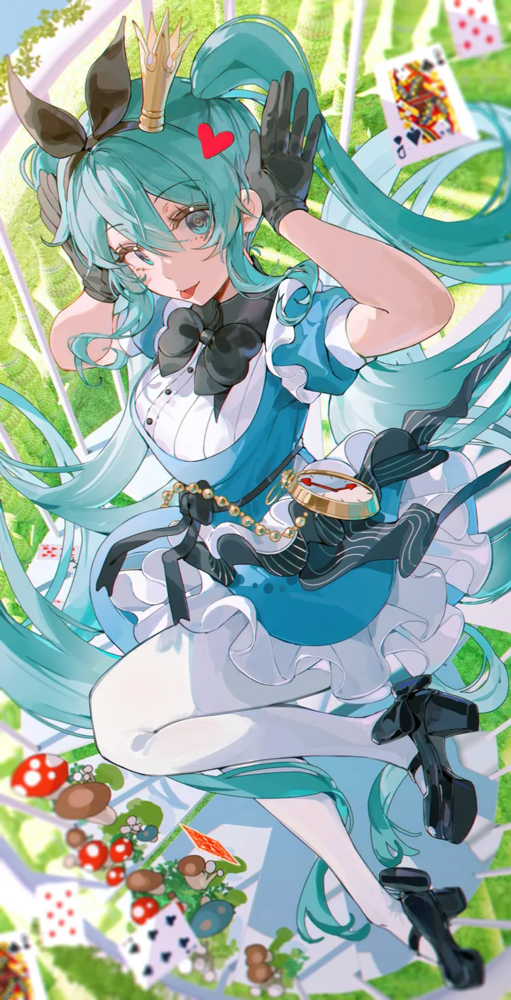 1girl,bunny_pose,full_body,bangs,solo,card,twintails,tongue_out,hair_between_eyes,very_long_hair,heart,pocket_watch,gloves,playing_card,cosplay,aqua_hair,aqua_eyes,white_pantyhose,crown,looking_at_viewer,short_sleeves,vertical,watch,tongue,frills,frilled_dress,diamond_shape,blue_dress,puffy_short_sleeves,puffy_sleeves,mushroom,bow,dress,pantyhose,long_hair,bowtie,high_heels,black_gloves,black_bow,black_footwear