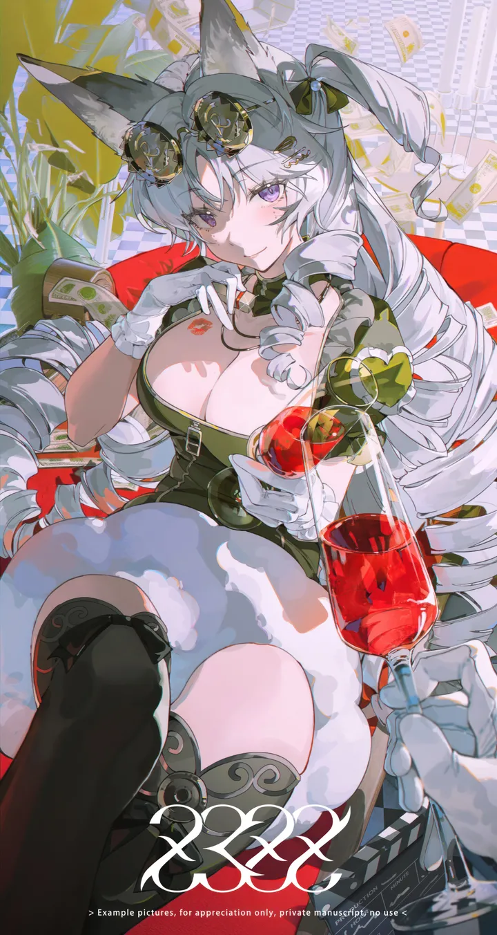 1girl,breasts,cleavage,crossed_legs,animal_ears,bangs,solo,solo_focus,twin_drills,hairclip,closed_mouth,sitting,sunglasses,hair_ornament,indoors,very_long_hair,heart,gloves,holding_cup,holding,cup,plant,mole_under_eye,grey_hair,fox_ears,jewelry,mole,white_hair,white_gloves,looking_at_viewer,eyewear_on_head,short_sleeves,vertical,smile,purple_eyes,wine_glass,animal_ear_fluff,large_breasts,thighhighs,dress,drinking_glass,drill_hair,ringlets,long_hair,food,drink,black_thighhighs