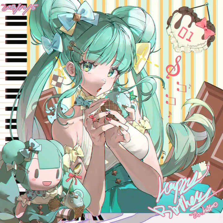 1girl,double_bun,breasts,upper_body,bangs,solo,twintails,hairclip,hair_bun,hair_ornament,chocolate,open_mouth,very_long_hair,holding,holding_food,nail_polish,sleeveless,striped,striped_background,aqua_hair,aqua_eyes,aqua_skirt,aqua_bow,looking_at_viewer,skirt,vertical,candy,blue_bow,bow,hair_bow,shirt,character_doll,long_hair,bare_shoulders,food