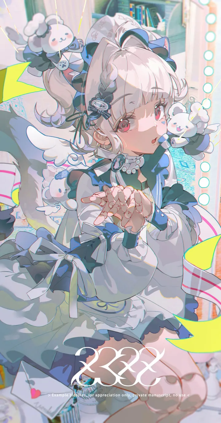 1girl,braid,doll_joints,letter,joints,animal_ears,bangs,solo,bonnet,apron,sitting,hair_ornament,tail,open_mouth,white_hair,white_dress,looking_at_viewer,short_hair,vertical,red_eyes,wings,frills,dress,long_sleeves