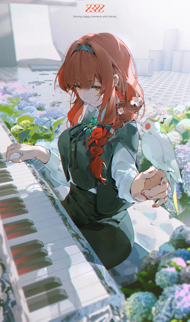 1girl,braid,ribbon,instrument,breasts,bangs,solo,hairband,closed_mouth,hair_ornament,bird_on_hand,hair_over_shoulder,collared_shirt,copyright_name,white_shirt,looking_at_viewer,skirt,vertical,hydrangea,red_hair,red_nails,green_vest,vest,blue_flower,bow,shirt,piano,long_hair,long_sleeves,neck_ribbon,flower,bird,black_hairband,black_skirt,black_vest