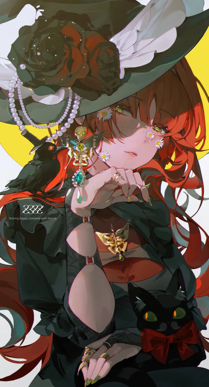 1girl,crow,breasts,upper_body,bangs,animal,solo,witch_hat,bridal_gauntlets,gem,hat_flower,hat,parted_lips,ring,dated,simple_background,cat,rose,beads,jewelry,looking_at_viewer,vertical,red_hair,red_rose,red_flower,red_bow,green_nails,green_eyes,earrings,frills,puffy_sleeves,bow,dress,long_hair,long_sleeves,freckles,witch,flower,bird,yellow_eyes,yellow_background,black_headwear,black_cat,black_dress