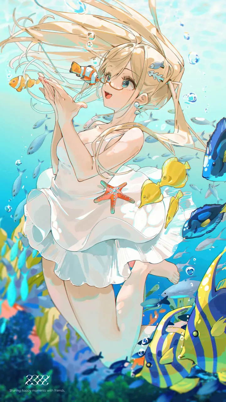 1girl,medium_breasts,breasts,cleavage,bangs,solo,hair_ornament,open_mouth,sleeveless,sleeveless_dress,air_bubble,water,underwater,bubble,coral,jewelry,white_dress,glasses,vertical,smile,signature,red-framed_eyewear,earrings,blue_eyes,bare_legs,bare_arms,barefoot,dress,blonde_hair,long_hair,bare_shoulders,floating_hair,fish