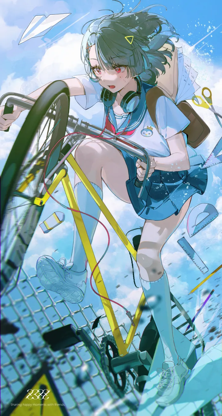 1girl,neckerchief,medium_hair,cloud,full_body,bangs,bandaid,blurry_foreground,scissors,bag,solo,kneehighs,hairclip,ground_vehicle,sky,hair_ornament,headphones,open_mouth,outdoors,school_uniform,serafuku,sailor_collar,day,white_shirt,white_socks,white_footwear,pleated_skirt,short_hair,short_sleeves,skirt,vertical,pen,signature,red_neckerchief,red_eyes,paper,paper_airplane,headphones_around_neck,bicycle,blue_sky,blue_sailor_collar,blue_skirt,shirt,socks,sneakers,shoes