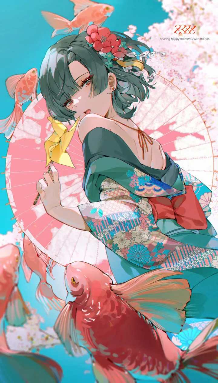 1girl,bangs,solo,kimono,looking_back,hair_flower,hair_ornament,makeup,outdoors,holding,japanese_clothes,blurry,cherry_blossoms,oil-paper_umbrella,looking_at_viewer,short_hair,vertical,red_eyes,green_hair,from_behind,floral_print,blue_kimono,goldfish,koi,umbrella,bare_shoulders,off_shoulder,fish,flower