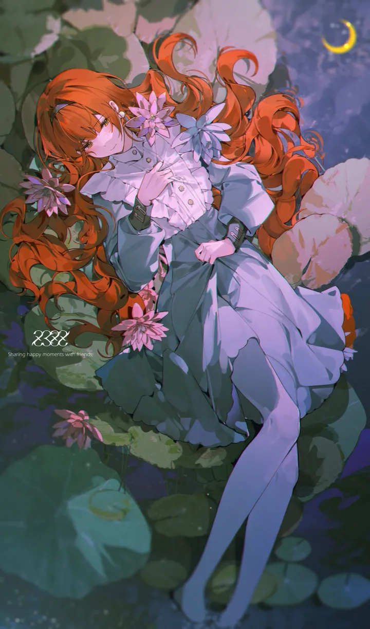 1girl,on_back,artist_name,full_body,bangs,solo,closed_mouth,very_long_hair,hand_on_own_chest,crescent_moon,moon,orange_hair,water,jewelry,white_shirt,white_pantyhose,looking_at_viewer,lily_pad,skirt,vertical,smile,pink_flower,buttons,earrings,blush,frills,lotus,puffy_sleeves,puffy_long_sleeves,shirt,lying,dress,pantyhose,long_hair,long_sleeves,flower