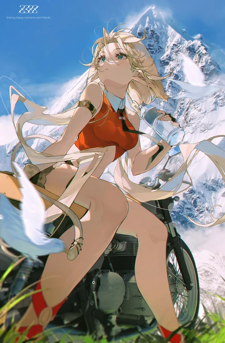 1girl,medium_breasts,breasts,bangs,solo,feet_out_of_frame,closed_mouth,ground_vehicle,sitting,sky,mountain,mountainous_horizon,very_long_hair,outdoors,arm_strap,holding,holding_bottle,motorcycle,sleeveless,motor_vehicle,water_bottle,bottle,day,shorts,vertical,red_shirt,bicycle,grass,blue_sky,blue_eyes,shirt,blonde_hair,long_hair,bare_shoulders,necktie,floating_hair,bird