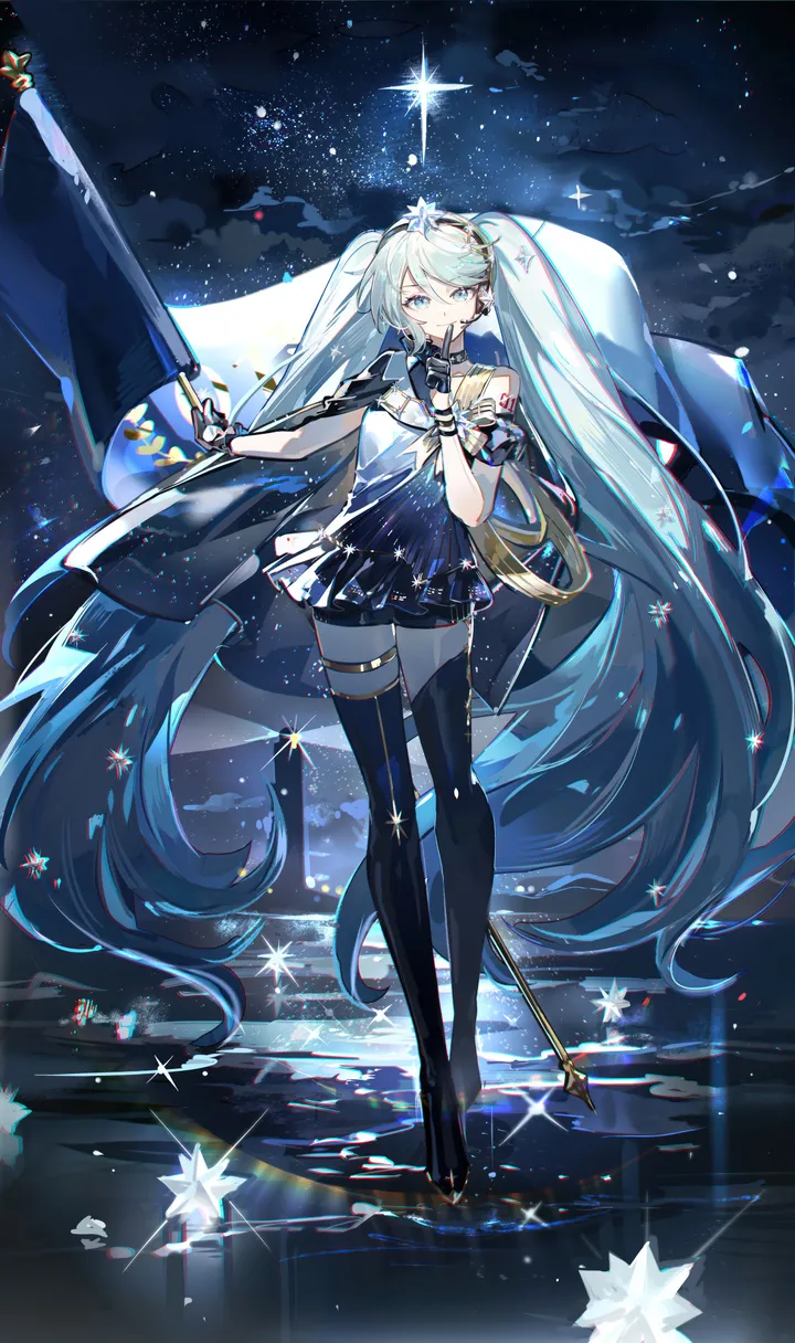 1girl,cloud,full_body,bangs,solo,twintails,night,night_sky,thigh_strap,sky,hair_ornament,headset,very_long_hair,gloves,holding_flag,cape,holding,flag,sleeveless,constellation,star_symbol,star_sky,starry_sky,aqua_hair,jewelry,looking_at_viewer,vertical,standing,smile,sparkle,blue_hair,blue_eyes,blue_dress,absurdly_long_hair,thighhighs,short_dress,dress,long_hair,boots,thigh_boots,black_gloves,black_thighhighs