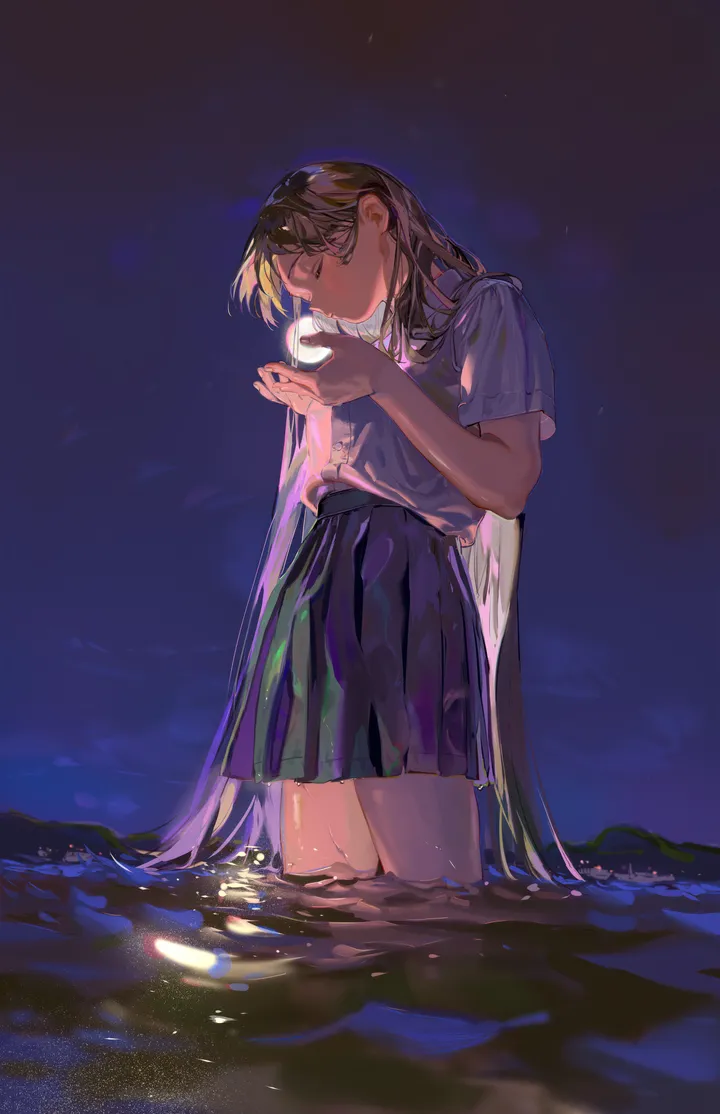 1girl,bangs,solo,hands_up,closed_eyes,night,night_sky,sky,very_long_hair,outdoors,holding,school_uniform,brown_hair,water,wading,white_shirt,pleated_skirt,short_sleeves,skirt,vertical,standing,shirt,long_hair