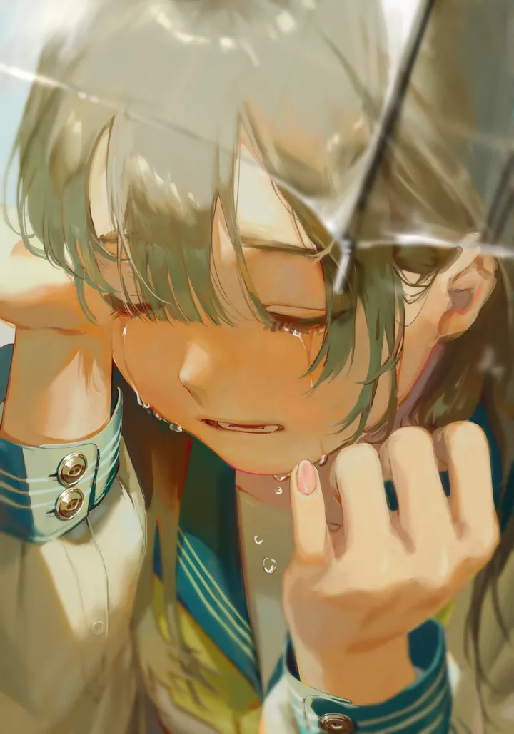 1girl,neckerchief,upper_body,bangs,solo,hands_up,closed_eyes,crying,open_mouth,parted_lips,school_uniform,brown_hair,serafuku,sailor_collar,water_drop,teeth,white_shirt,tears,vertical,blue_sailor_collar,shirt,transparent,transparent_umbrella,long_hair,long_sleeves,umbrella,yellow_neckerchief