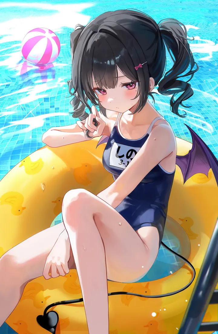 1girl,one-piece_swimsuit,between_legs,medium_breasts,breasts,bangs,solo,feet_out_of_frame,twintails,hairclip,closed_mouth,sitting,thighs,hair_ornament,rubber_duck,tail,demon_girl,demon_tail,demon_wings,hair_twirling,school_swimsuit,water,beachball,innertube,pool,swimsuit,ball,looking_at_viewer,vertical,pink_eyes,purple_wings,wings,blush,blue_one-piece_swimsuit,bow,hair_bow,wet,bare_arms,small_breasts,collarbone,bare_shoulders,black_hair