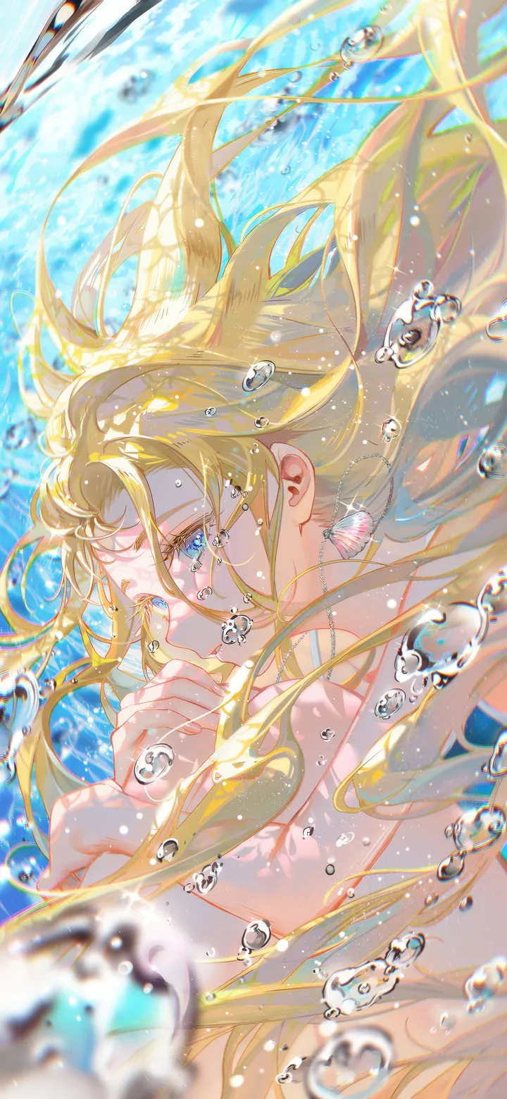 1girl,upper_body,solo,air_bubble,underwater,bubble,jewelry,tears,vertical,earrings,blue_eyes,nude,blonde_hair,long_hair,floating_hair