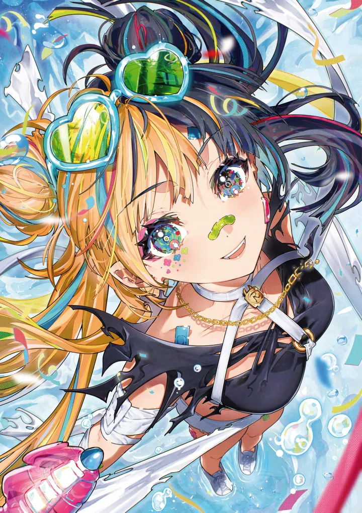 1girl,double_bun,breasts,looking_up,from_above,bangs,bandaid,solo,two-tone_hair,twintails,hair_bun,sunglasses,multicolored_hair,o-ring,open_mouth,heart,heart-shaped_eyewear,streaked_hair,tinted_eyewear,foreshortening,water,water_drop,teeth,jewelry,white-framed_eyewear,looking_at_viewer,eyewear_on_head,shorts,torn_clothes,torn_shirt,vertical,standing,smile,symbol-shaped_pupils,bandages,earrings,bandaid_on_face,bandaid_on_cheek,blue_hair,blue_eyes,shirt,blonde_hair,chain,long_hair,shoes,necklace,black_hair,black_shirt