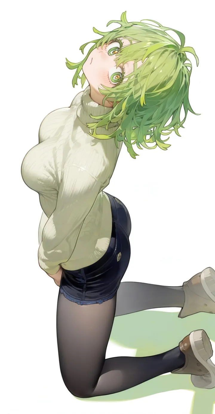 1girl,medium_breasts,breasts,full_body,messy_hair,bangs,solo,closed_mouth,ass,simple_background,brown_footwear,sweater,denim,denim_shorts,white_sweater,white_background,looking_at_viewer,short_hair,shorts,vertical,short_shorts,green_hair,green_eyes,blush,legwear_under_shorts,kneeling,large_breasts,pantyhose,long_sleeves,shadow,turtleneck,turtleneck_sweater,black_pantyhose