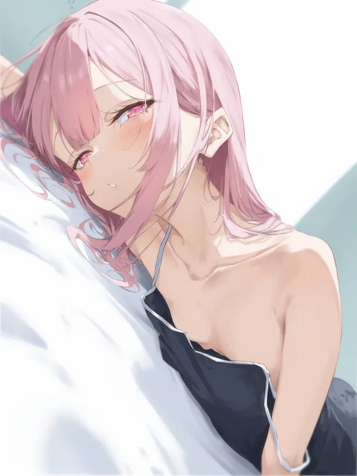 1girl,virtual_youtuber,breasts,upper_body,dutch_angle,bangs,half-closed_eyes,solo,on_bed,camisole,bed_sheet,parted_lips,sleepy,looking_at_viewer,vertical,pink_hair,pink_eyes,spaghetti_strap,blush,strap_slip,waking_up,on_stomach,lying,small_breasts,collarbone,long_hair,bare_shoulders,black_camisole