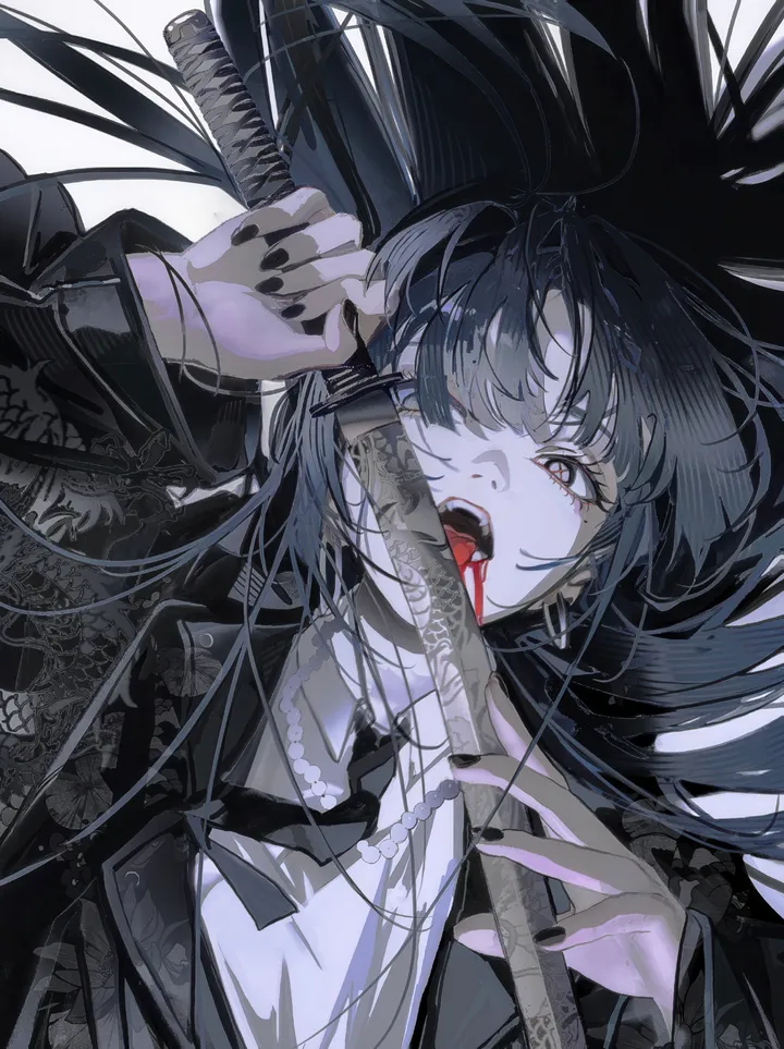 1girl,upper_body,bangs,sword,sheath,solo,tongue_out,jacket,open_mouth,holding_sword,holding_weapon,holding,fingernails,nail_polish,katana,collared_shirt,simple_background,unsheathing,weapon,grey_eyes,jewelry,white_background,white_shirt,looking_at_viewer,vertical,earrings,blood_on_face,tongue,blood,shirt,long_hair,long_sleeves,necklace,black_hair,black_jacket,black_nails