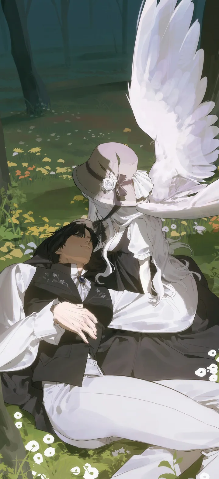 1girl,1boy,ribbon,on_back,bangs,closed_eyes,closed_mouth,on_ground,sitting,nature,angel,angel_wings,hat,outdoors,collared_shirt,tree,white_hair,white_headwear,white_wings,white_flower,white_shirt,white_pants,white_dress,short_hair,vertical,smile,feathered_wings,wings,vest,grass,puffy_sleeves,bow,shirt,pants,lying,dress,long_hair,long_sleeves,flower,yellow_flower,black_hair,black_dress,black_bowtie,black_vest