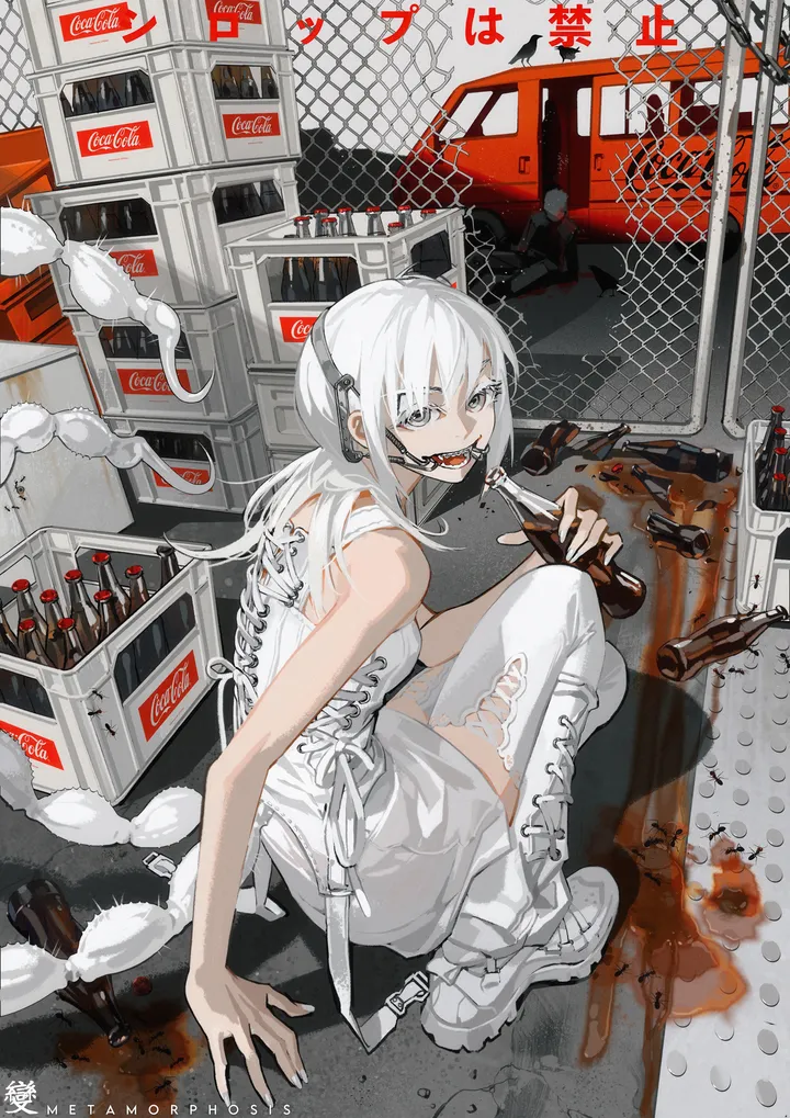 1girl,bangs,solo,solo_focus,gag,looking_back,ground_vehicle,sitting,outdoors,holding,fingernails,sleeveless,motor_vehicle,fence,car,grey_eyes,bottle,white_theme,white_hair,white_thighhighs,white_dress,white_footwear,looking_at_viewer,vertical,blood,squatting,thighhighs,dress,chain-link_fence,long_hair,boots,bare_shoulders