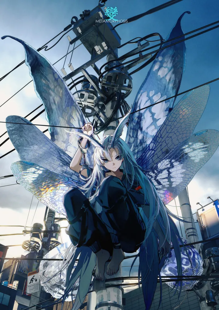 1girl,arm_up,solo,sitting,sky,very_long_hair,outdoors,insect_wings,jewelry,utility_pole,power_lines,looking_at_viewer,short_sleeves,vertical,wings,blue_hair,blue_eyes,butterfly_wings,pants,barefoot,horns,antennae,long_hair,black_pants