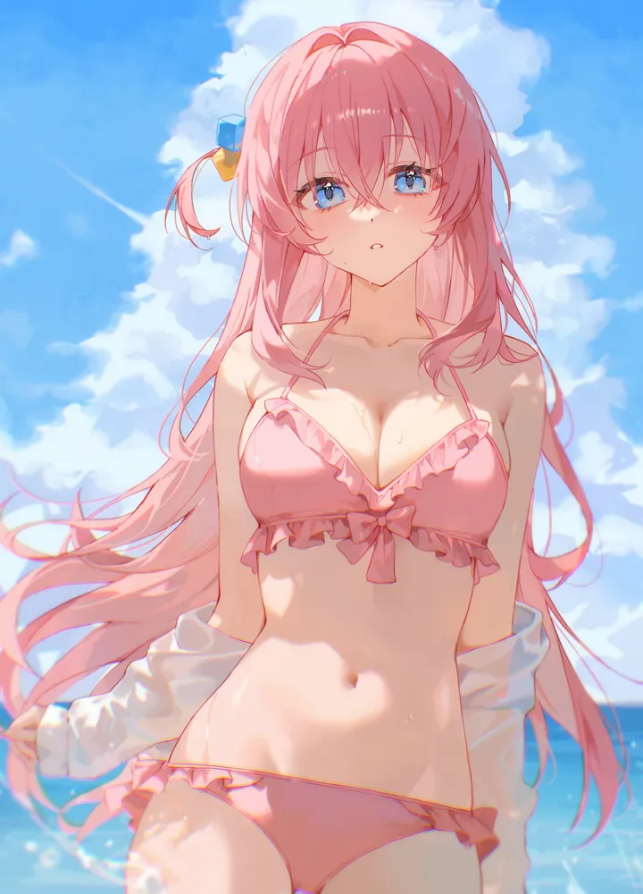 1girl,cowboy_shot,medium_breasts,breasts,cleavage,cloud,bangs,solo,one_side_up,thighs,sky,hair_ornament,jacket,stomach,hair_between_eyes,very_long_hair,parted_lips,outdoors,bikini,water,swimsuit,ocean,day,white_shirt,looking_at_viewer,cube_hair_ornament,vertical,standing,pink_hair,pink_bikini,halterneck,navel,blush,frills,frilled_bikini,blue_sky,blue_eyes,wet,open_clothes,large_breasts,collarbone,long_hair,long_sleeves,bare_shoulders,off_shoulder