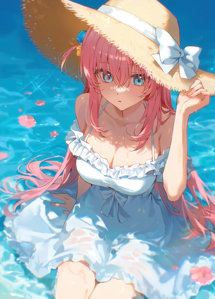 1girl,breasts,cleavage,bangs,solo,one_side_up,sitting,sun_hat,sundress,hair_ornament,hat_ribbon,hat_bow,hat,hair_between_eyes,very_long_hair,parted_lips,outdoors,hand_on_headwear,hand_up,water,white_bow,white_dress,looking_at_viewer,cube_hair_ornament,vertical,pink_hair,blush,petals,frills,frilled_dress,straw_hat,blue_eyes,bow,wet_clothes,wet,large_breasts,dress,partially_submerged,collarbone,long_hair,bare_shoulders,off_shoulder,off-shoulder_dress,flower