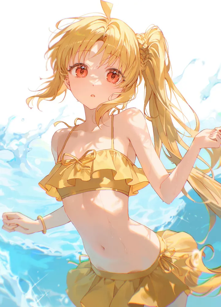 1girl,cowboy_shot,breasts,side_ponytail,parted_bangs,bangs,solo,ahoge,stomach,parted_lips,bracelet,bikini,bikini_skirt,water,swimsuit,jewelry,looking_at_viewer,vertical,red_eyes,navel,frills,frilled_bikini,small_breasts,blonde_hair,collarbone,long_hair,bare_shoulders,yellow_bikini