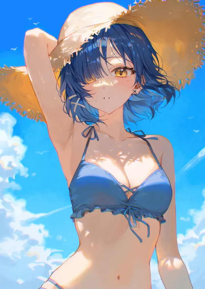 1girl,side-tie_bikini_bottom,medium_breasts,arm_up,breasts,cleavage,cloud,upper_body,front-tie_top,bangs,solo,sky,hair_ornament,hair_over_one_eye,stomach,hat,parted_lips,outdoors,bikini,mole_under_eye,swimsuit,mole,day,looking_at_viewer,short_hair,vertical,front-tie_bikini_top,navel,armpits,frills,frilled_bikini,straw_hat,blue_sky,blue_hair,blue_bikini,collarbone,bare_shoulders,bird,yellow_eyes