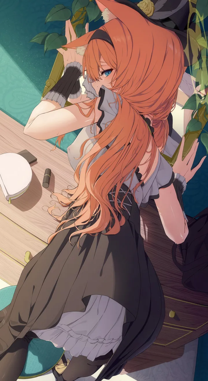 1girl,breasts,animal_ears,bangs,animal_ear_headwear,bag,solo,hairband,looking_back,official_alternate_costume,hat_flower,hat,orange_hair,looking_at_viewer,skirt,vertical,wrist_cuffs,animal_ear_fluff,from_behind,frills,blue_eyes,pantyhose,long_hair,flower,black_headwear,black_skirt,black_pantyhose