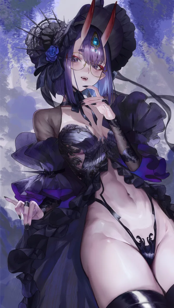 1girl,cowboy_shot,breasts,bangs,solo,bonnet,round_eyewear,fangs,thighs,makeup,bridal_gauntlets,hat,open_mouth,nail_polish,bob_cut,rose,looking_at_viewer,eyeliner,glasses,short_hair,revealing_clothes,vertical,smile,purple_hair,purple_eyes,navel,blush,frills,blue_rose,blue_flower,skin-covered_horns,horns,short_eyebrows,small_breasts,thighhighs,dress,long_sleeves,highleg,oni,oni_horns,flower,black_headwear,black_nails,black_thighhighs,black_dress