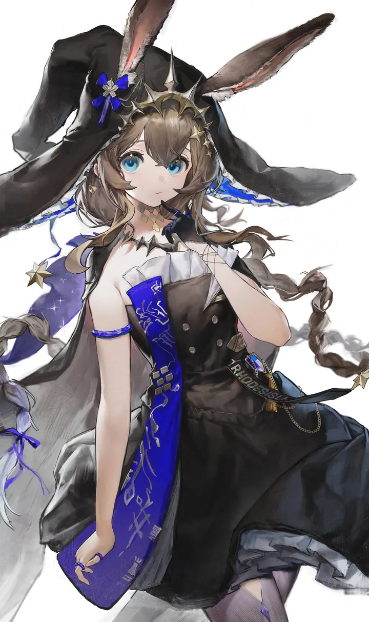 1girl,cowboy_shot,braid,ribbon,twin_braids,rabbit_ears,animal_ears,bangs,solo,single_glove,closed_mouth,witch_hat,hat,hair_between_eyes,very_long_hair,gloves,cape,hand_up,ears_through_headwear,strapless,strapless_dress,star_symbol,simple_background,brown_hair,grey_pantyhose,jewelry,white_background,looking_at_viewer,alternate_costume,vertical,frills,frilled_dress,blue_ribbon,blue_eyes,dress,pantyhose,long_hair,bare_shoulders,black_headwear,black_gloves,black_cape,black_dress