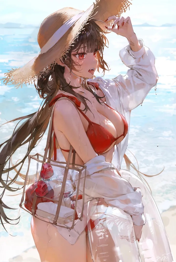 1girl,cowboy_shot,arm_up,breasts,cleavage,bangs,bag,solo,shoulder_bag,fangs,thighs,sun_hat,hat,open_mouth,outdoors,holding,nail_polish,brown_hair,bikini,innertube,swimsuit,beach,white_jacket,white_shirt,vertical,standing,red_nails,red_bikini,red_eyes,blush,tongue,straw_hat,shirt,wet_clothes,wet,open_clothes,open_shirt,large_breasts,long_hair,long_sleeves,bare_shoulders,off_shoulder