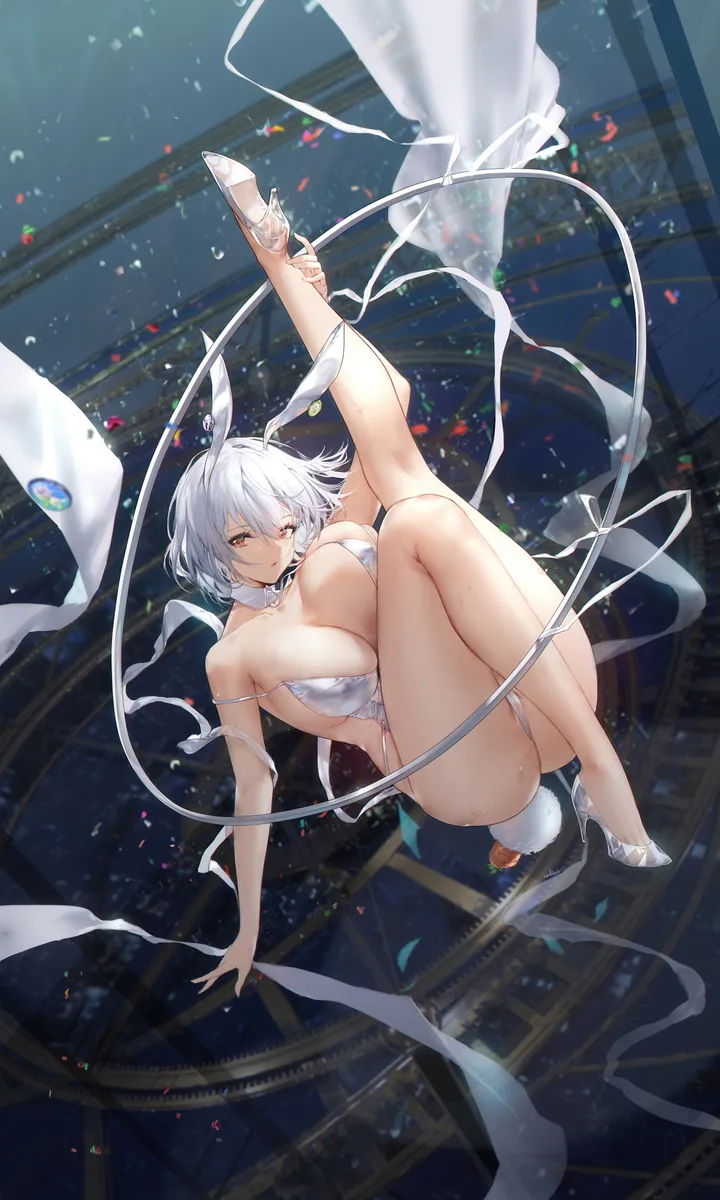 1girl,arm_up,breasts,cleavage,playboy_bunny,rabbit_tail,rabbit_ears,full_body,animal_ears,bangs,fake_animal_ears,solo,leg_up,thighs,tail,ass,white_hair,white_leotard,white_footwear,white_choker,looking_at_viewer,short_hair,vertical,leotard,red_eyes,carrot,bare_legs,large_breasts,collarbone,bare_shoulders,choker,high_heels