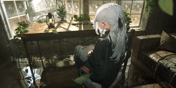 1girl,braid,ribbon,bangs,solo,closed_mouth,looking_back,sitting,hair_ribbon,jacket,indoors,table,chair,plant,horizontal,couch,grey_hair,white_hair,potted_plant,looking_at_viewer,window,red_eyes,from_behind,pants,long_hair,long_sleeves,black_ribbon,black_jacket