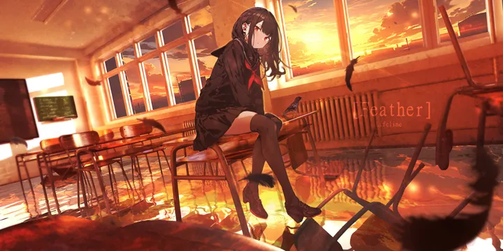 1girl,neckerchief,loafers,desk,cloud,bangs,solo,reflection,closed_mouth,on_desk,sitting,sitting_on_desk,sky,indoors,classroom,sunset,school_uniform,chair,horizontal,serafuku,sailor_collar,pleated_skirt,looking_at_viewer,skirt,window,red_neckerchief,red_eyes,feathers,shirt,school_desk,school_chair,thighhighs,long_hair,long_sleeves,shoes,bird,chalkboard,black_hair,black_serafuku,black_sailor_collar,black_skirt,black_shirt,black_thighhighs,black_footwear