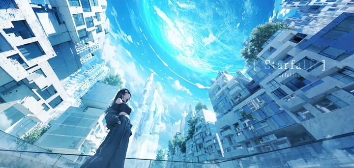 1girl,cloud,from_below,solo,hands_in_pockets,city,coat,sky,jacket,building,outdoors,tree,horizontal,day,looking_at_viewer,standing,blue_sky,planet,long_hair,off_shoulder,scenery,black_hair