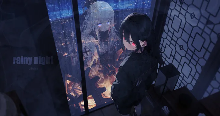 2girls,from_above,bangs,reflection,closed_mouth,looking_back,multiple_girls,night,jacket,indoors,hair_between_eyes,building,horizontal,white_hair,looking_at_viewer,window,standing,red_eyes,blue_eyes,long_hair,long_sleeves,rain,black_hair,black_jacket