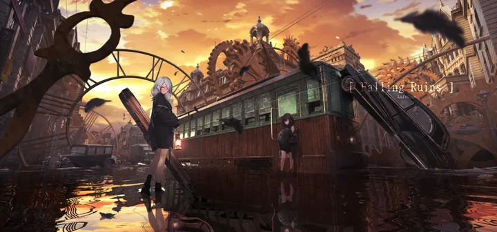 2girls,instrument_case,cloud,hood,train,hands_in_pockets,reflection,multiple_girls,cloudy_sky,sky,jacket,building,outdoors,sunset,brown_hair,horizontal,water,white_hair,short_hair,skirt,shorts,standing,red_eyes,hoodie,long_hair,boots,scenery,black_hair,black_jacket,gears