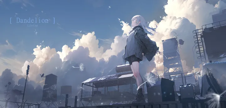 1girl,cloud,from_below,bangs,solo,cloudy_sky,sky,jacket,building,outdoors,horizontal,day,white_hair,shorts,standing,english_text,blue_sky,blue_eyes,shirt,socks,open_jacket,open_clothes,long_hair,long_sleeves,shoes,scenery,black_jacket,black_shorts,black_footwear