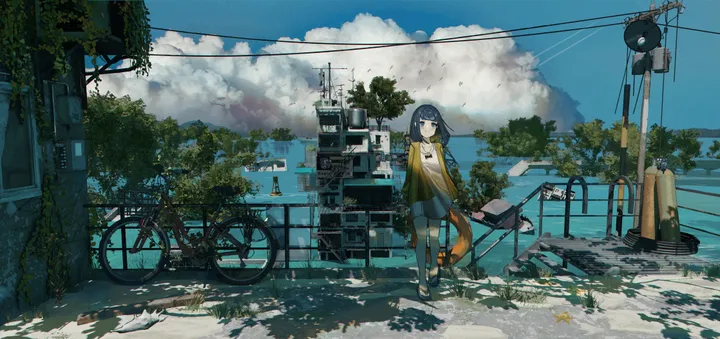 1girl,cloud,sign,bangs,bag,solo,closed_mouth,ground_vehicle,cloudy_sky,sky,jacket,wide_shot,building,outdoors,tree,horizontal,ocean,utility_pole,power_lines,day,looking_at_viewer,shorts,standing,bicycle,blue_sky,blue_hair,blue_eyes,shirt,open_clothes,road,road_sign,sneakers,shadow,shoes,scenery,yellow_jacket,yellow_shirt,black_hair