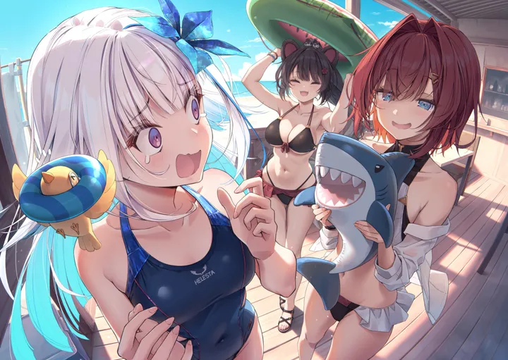 3girls,virtual_youtuber,one-piece_swimsuit,medium_breasts,arms_up,breasts,cleavage,animal_ears,colored_inner_hair,sandals,bangs,closed_eyes,two-tone_hair,hairclip,multiple_girls,multicolored_hair,sky,hair_flower,hair_ornament,jacket,tail,open_mouth,outdoors,holding_animal,holding,wooden_floor,horizontal,bikini,stuffed_toy,innertube,swimsuit,ocean,beach,dog_ears,day,white_hair,white_shirt,blunt_bangs,looking_at_another,tears,short_hair,standing,smile,purple_eyes,red_hair,halterneck,navel,blush,frills,blue_sky,blue_hair,blue_eyes,blue_one-piece_swimsuit,shirt,open_clothes,large_breasts,small_breasts,hair_intakes,collarbone,long_hair,covered_navel,bare_shoulders,off_shoulder,ponytail,flower,bird,black_hair,black_bikini,black_one-piece_swimsuit