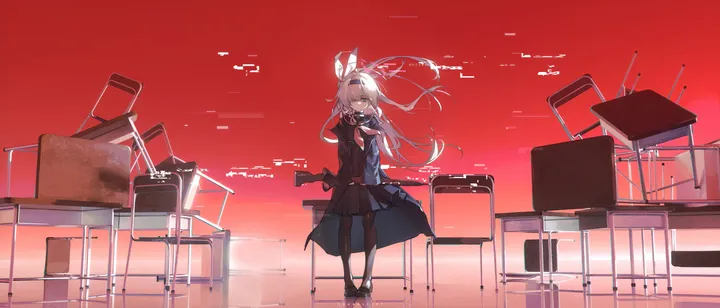 1girl,instrument,desk,full_body,bangs,solo,coat,halo,hair_ornament,jacket,holding,classroom,gun,school_uniform,chair,horizontal,weapon,white_hair,pleated_skirt,looking_at_viewer,skirt,standing,red_background,school_desk,pantyhose,long_hair,long_sleeves,shoes,black_skirt,black_pantyhose