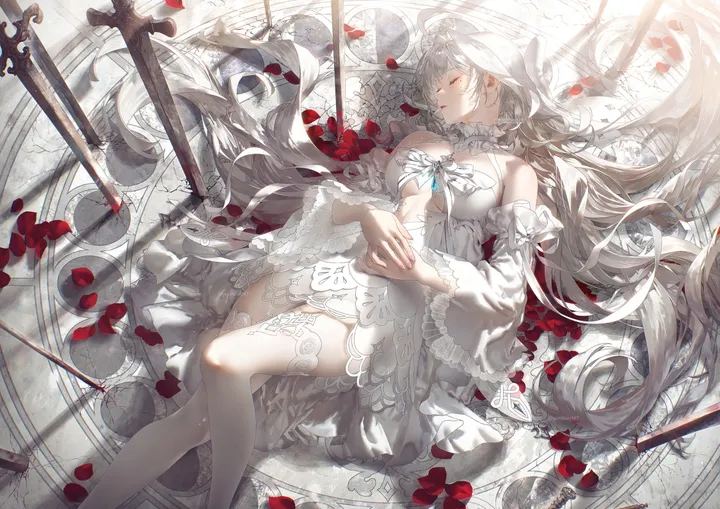 1girl,detached_sleeves,breasts,on_back,bangs,planted,sword,solo,own_hands_together,closed_eyes,feet_out_of_frame,very_long_hair,parted_lips,planted_sword,hair_spread_out,horizontal,weapon,white_hair,white_thighhighs,white_dress,petals,lying,thighhighs,dress,long_hair,bare_shoulders