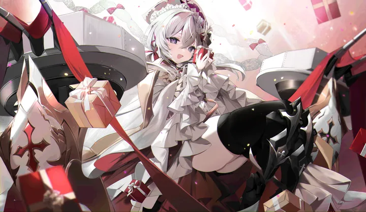 1girl,ribbon,bangs,solo,sitting,official_alternate_costume,open_mouth,cape,holding,holding_gift,horizontal,grey_hair,white_hair,white_dress,looking_at_viewer,gift_box,gift,smile,box,purple_eyes,red_ribbon,frills,frilled_dress,thighhighs,dress,long_hair,boots,black_thighhighs