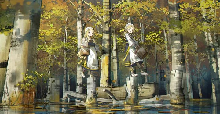 2girls,bangs,closed_eyes,apron,multiple_girls,maid,maid_headdress,ruins,open_mouth,outdoors,holding,holding_basket,tree,horizontal,water,white_apron,looking_at_viewer,standing,smile,basket,green_eyes,dress,pantyhose,blonde_hair,long_hair,long_sleeves,boots,scenery,black_dress