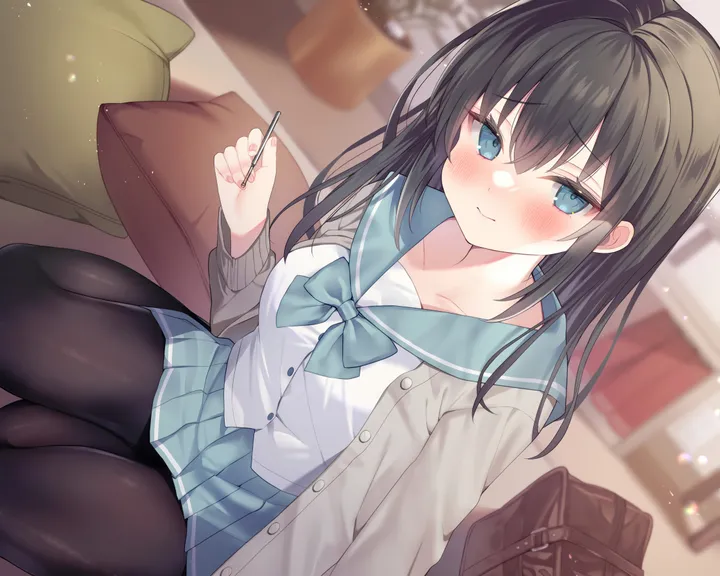 1girl,medium_breasts,school_bag,breasts,yokozuwari,dutch_angle,bangs,bag,solo,closed_mouth,on_bed,sitting,jacket,indoors,bed,hair_between_eyes,open_cardigan,cardigan,hand_up,holding,depth_of_field,pillow,school_uniform,plant,blurry,blurry_background,horizontal,serafuku,sailor_collar,grey_cardigan,white_shirt,pleated_skirt,potted_plant,looking_at_viewer,skirt,curtains,smile,blush,blue_sailor_collar,blue_eyes,blue_skirt,blue_bow,bow,shirt,open_clothes,pantyhose,mimikaki,collarbone,long_hair,long_sleeves,black_hair,black_pantyhose