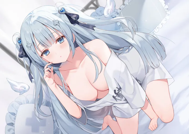 1girl,medium_breasts,breasts,cleavage,bangs,solo,hairclip,all_fours,hair_ribbon,hair_ornament,two_side_up,frilled_pillow,very_long_hair,parted_lips,heart,hand_up,pillow,horizontal,no_bra,white_shirt,looking_at_viewer,short_sleeves,blush,frills,blue_hair,blue_eyes,shirt,barefoot,large_breasts,collarbone,long_hair,bare_shoulders,off_shoulder,off-shoulder_shirt