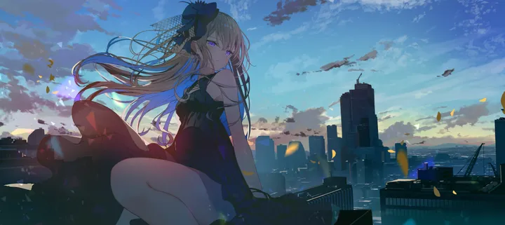 1girl,cloud,colored_inner_hair,bangs,solo,two-tone_hair,closed_mouth,sitting,city,cityscape,multicolored_hair,sky,building,outdoors,skyscraper,sleeveless,sleeveless_dress,horizontal,looking_away,purple_eyes,petals,blue_hair,bow,dress,long_hair,bare_shoulders,scenery,black_dress