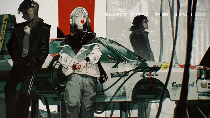 1girl,2boys,bangs,hands_in_pockets,chewing_gum,ground_vehicle,multiple_boys,jacket,phone,holding_phone,holding,motor_vehicle,horizontal,car,dark_skin,white_hair,looking_at_viewer,short_hair,cellphone,standing,shirt,pants,open_jacket,open_clothes,long_hair,long_sleeves,off_shoulder,turtleneck,dark-skinned_male,black_hair,black_jacket,black_shirt,black_pants