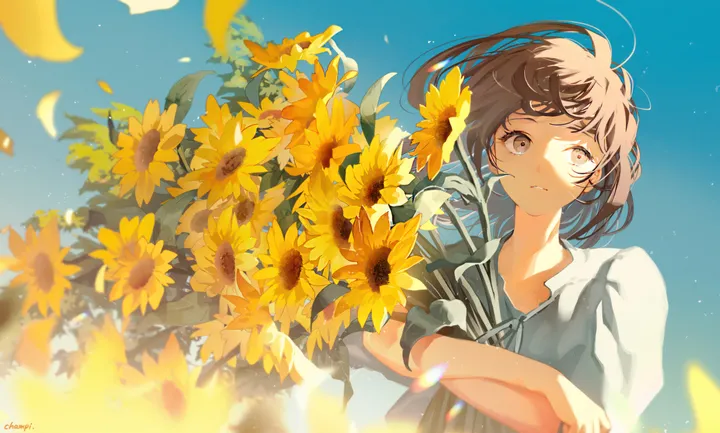 1girl,upper_body,bangs,solo,sunflower,sky,parted_lips,outdoors,holding,brown_hair,brown_eyes,blurry,horizontal,day,white_shirt,short_hair,short_sleeves,bouquet,petals,blue_sky,shirt,wind,flower,yellow_flower