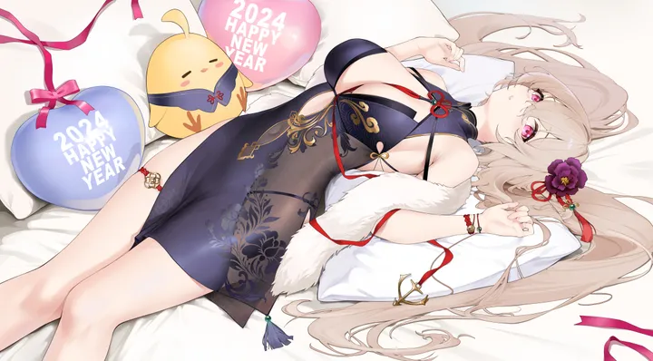 1girl,ribbon,chinese_clothes,breasts,cleavage,on_back,underwear,panties,solo,thigh_strap,hair_flower,hair_ornament,between_breasts,official_alternate_costume,china_dress,pillow,horizontal,looking_at_viewer,pink_eyes,purple_eyes,lying,large_breasts,dress,long_hair,bare_shoulders,flower,black_dress